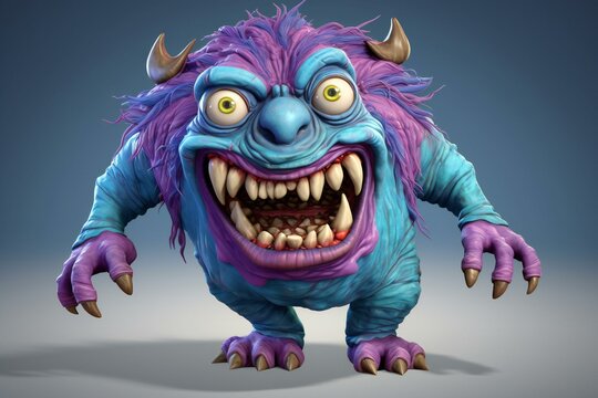 Funny cartoon monster with horns and purple hair,   rendering