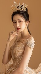 Asian young female wearing crown princess gold gown beauty fashion party elegance