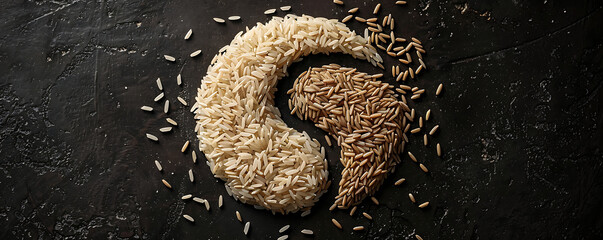 Brown rice Yin yang sign composition isolated over the black background .generative ai - obrazy, fototapety, plakaty