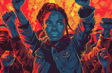 an illustration of a black woman in front of a crowd with their fists upraised and fighting for their rights, in the style of vintage poster design, vibrant palette knife, generative ai