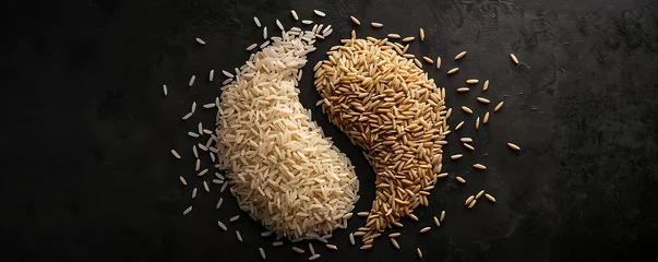 Fotobehang Rice in a Yin yang sign composition isolated over the black background .generative ai © alexandre