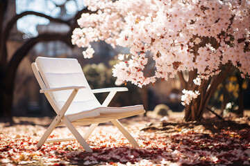 Soft white cushioned chairs under pink cherry blossom trees middle in bright sunlight. Realistic clipart template pattern.	
