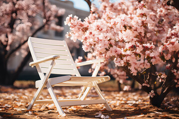 Soft white cushioned chairs under pink cherry blossom trees middle in bright sunlight. Suitable for camping. Realistic clipart template pattern.	