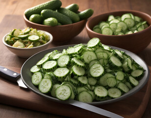 Cucumber sliced on the cutting board, salad ingredient.