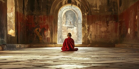A monk sits in a room with a red robe - Powered by Adobe