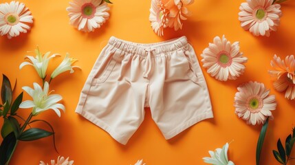 Tropical Summer Fashion Layout with Pink Shorts and Accessories on Vibrant Background