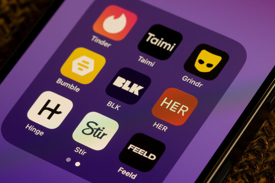 Redmond, WA, USA - Jan 13, 2024: Assorted dating apps are seen on an iPhone, including Tinder, Taimi, Grindr, Bumble, BLK, HER, Hinge, Stir, and Feeld.