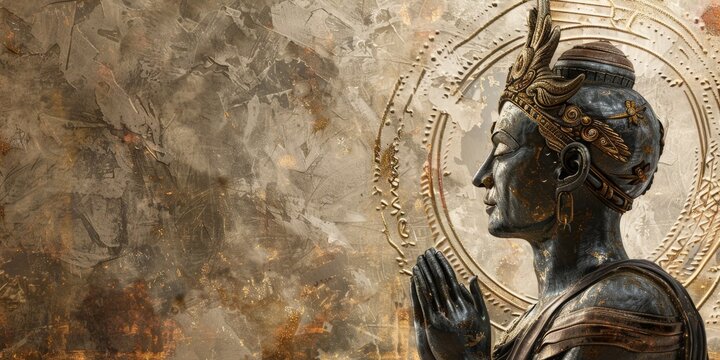 A woman is praying in front of a gold circle