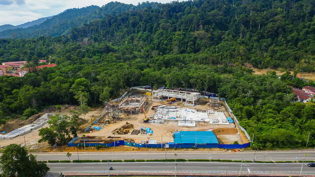 Aerial view photo busy industrial construction site.