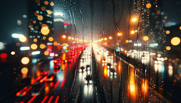 An artistic photograph of a rain-drenched window at night with the vibrant, blurry lights of the city in the background