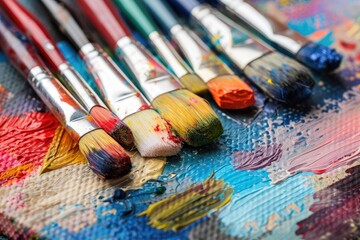 Obraz premium Paint brushes and palette of oil paints on a wooden table