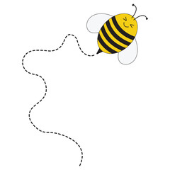 Bee Flying Path on Dotted Routed with Cartoon Design. Vector Illustration Isolated on White Background