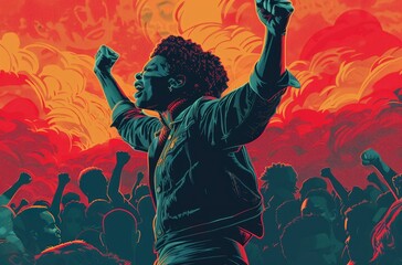 an illustration of a black woman in front of a crowd with their fists upraised and fighting for their rights, in the style of vintage poster design, vibrant palette knife, generative ai - obrazy, fototapety, plakaty
