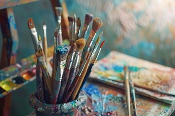 Paint brushes and palette of oil paints on a wooden table