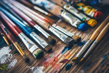 Obraz premium Paint brushes and palette of oil paints on a wooden table