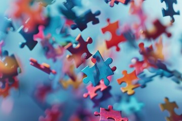 Colorful puzzle pieces flying in the air.