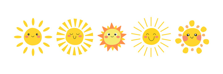 Colorful Summer Vector Happy Cute Sun Characters Seamless Border Pattern. Repeating Horizontal Banner with Cartoon Doodle Funny Kawaii Suns