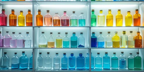 A row of colorful bottles on a shelf
