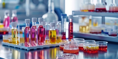 A lab table with many different colored bottles and beakers
