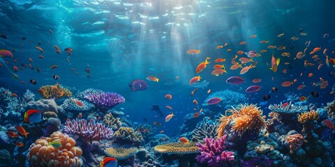 Naklejka premium A colorful coral reef with many fish swimming around