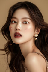 Fototapeta premium Pretty woman of Asian appearance makeup luxury charm beige background