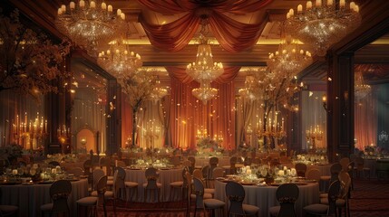 Fototapeta na wymiar A festive banquet hall adorned with glittering chandeliers and draped in luxurious fabrics, with tables set for a grand celebration illuminated by the warm glow of candlelight