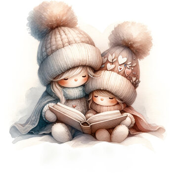 Two cute little girls reading a book together, wearing winter clothes.