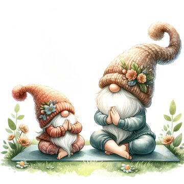 Two gnomes in a yoga pose. One is wearing a red hat and the other is wearing a blue hat. They are both sitting on a yoga mat. There are flowers and leaves around them. The background is white.