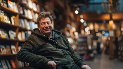 Obraz premium Smiling Man in Wheelchair in Bookstore