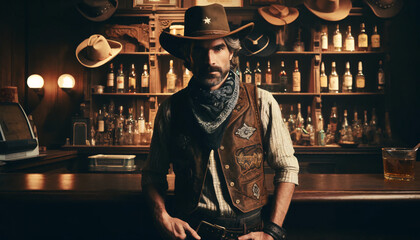 A rugged character standing confidently behind an old-fashioned bar in a western saloon. The man is wearing a cowboy hat, a leather vest