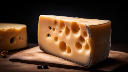 Piece of aged cheese on the table.