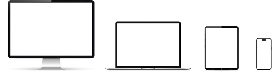 Cellphone, tablet, laptop and computer monitor with blank screen mockup