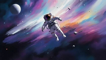 Astronaut explores space being desert planet. Astronaut space suit performing extra cosmic activity space against stars and planets background. Human space flight.