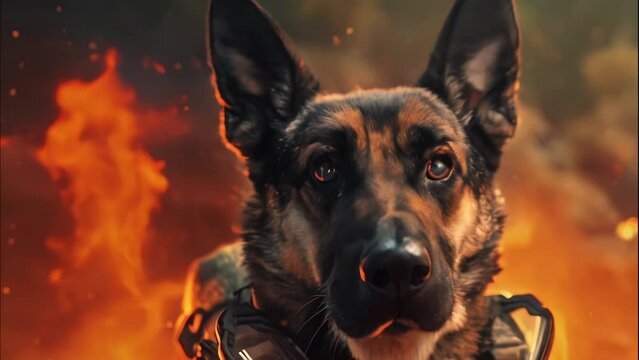 hero firefighter dog with fire background