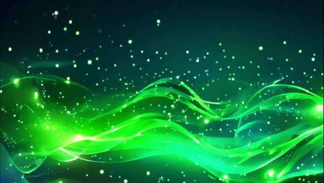 Abstract green wavy lines with dot particles and lighting