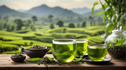 Warm green tea in a cup, glass jars or jugs, and green tea leaves on a wooden table with a backdrop of tea plantations