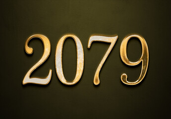 Old gold effect of 2079 number with 3D glossy style Mockup.	