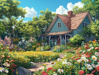 Beautiful depiction of a natural setting with a house surrounded by lush springtime flowers and foliage.