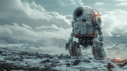 Giant Robot structures lie abandoned in a desolate desert landscape invoking a sense of forgotten futuristic civilization. - obrazy, fototapety, plakaty
