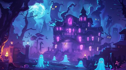 An illustrated scene of a haunted Victorian style house with playful ghosts set against a night sky