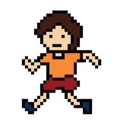 Fototapeta premium Cute pixel cartoon 8bit character man run or running lifestyle vector for decoration life style 8 bit male boy marathon exercise fitness vector.