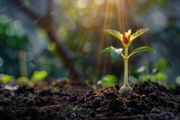 Green seedling growing from seed in the morning light