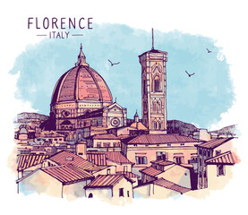 Architecture sketch illustration of the Cathedral of Santa Maria del Fiore in Florence, Italy. Landscape colorful drawing with a pen on paper and watercolor texture. Digital Drawing of the old town.