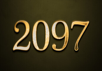 Old gold effect of 2097 number with 3D glossy style Mockup.	