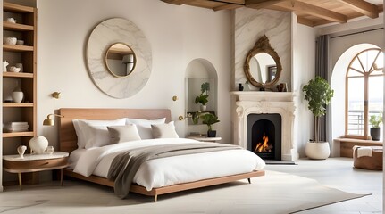 Air Conditioning, Marble Fireplace, Wooden Shelves, Double Bed, and En-Suite Shower Area in a Decorated Bedroom