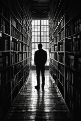 Silhouette Contemplating in Library Aisle