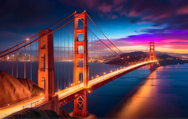 The Golden Gate Bridge is lit up at night