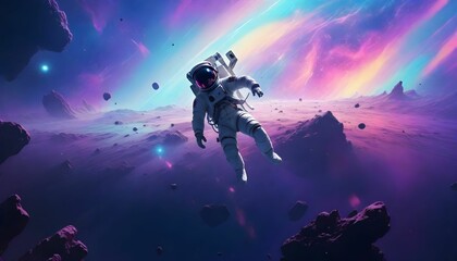 Astronaut explores space being desert planet. Astronaut space suit performing extra cosmic activity space against stars and planets background. Human space flight.