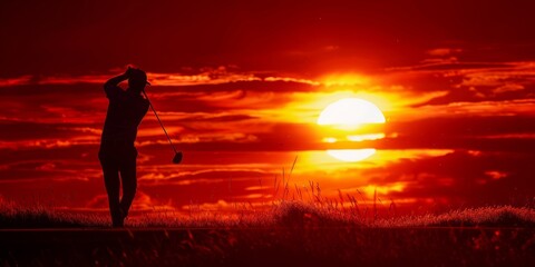 A man is playing golf in a field with a sunset in the background