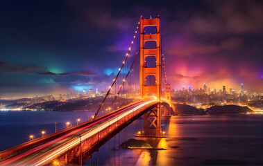 The Golden Gate Bridge is lit up at night